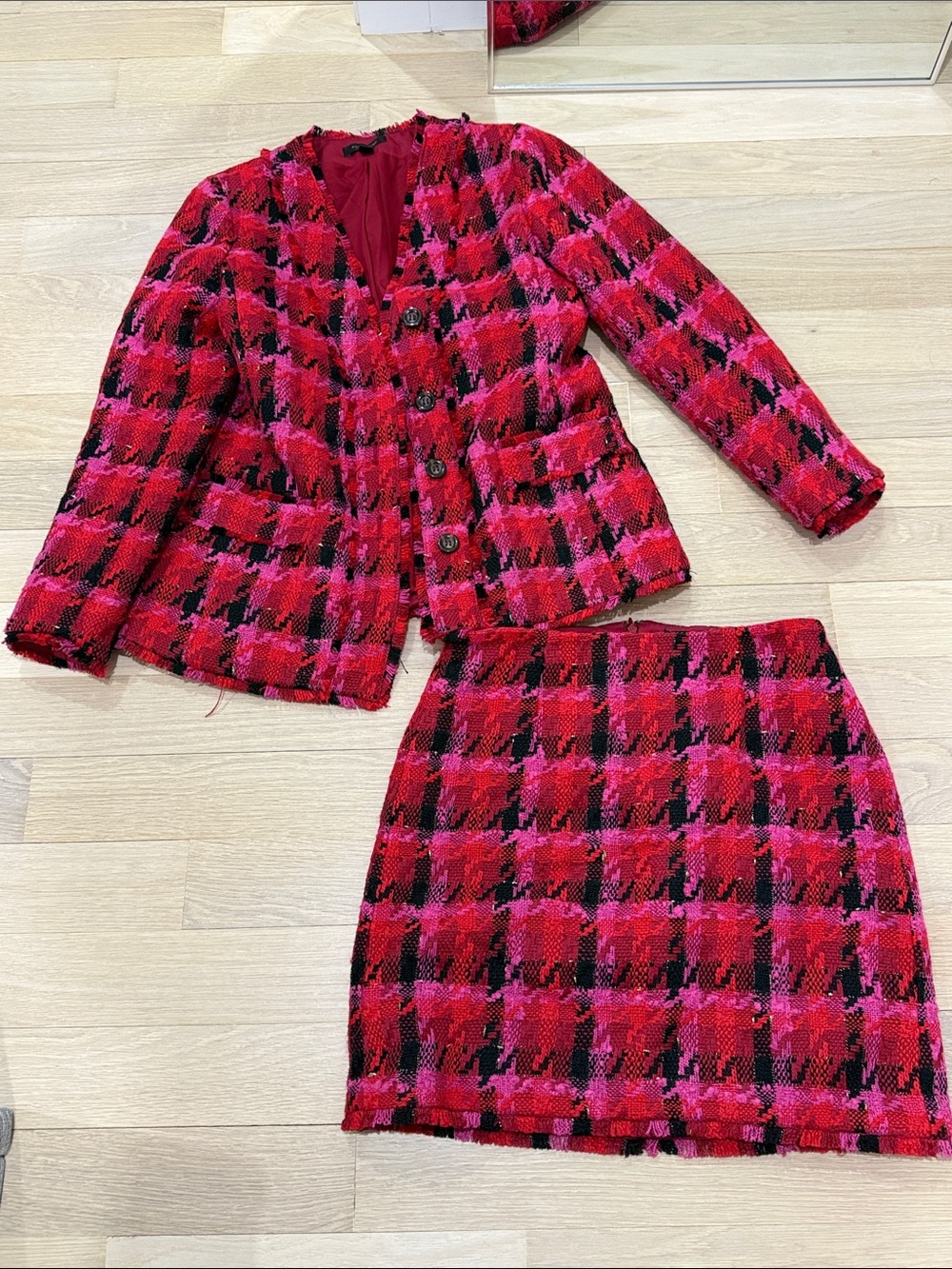 Ann Taylor Red Pink and Black Tweed Skirt Suit